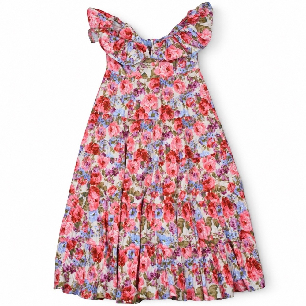 Tuckernuck Beulah Rita Floral Pleated Midi Dress Ruffle Pink Red Size S